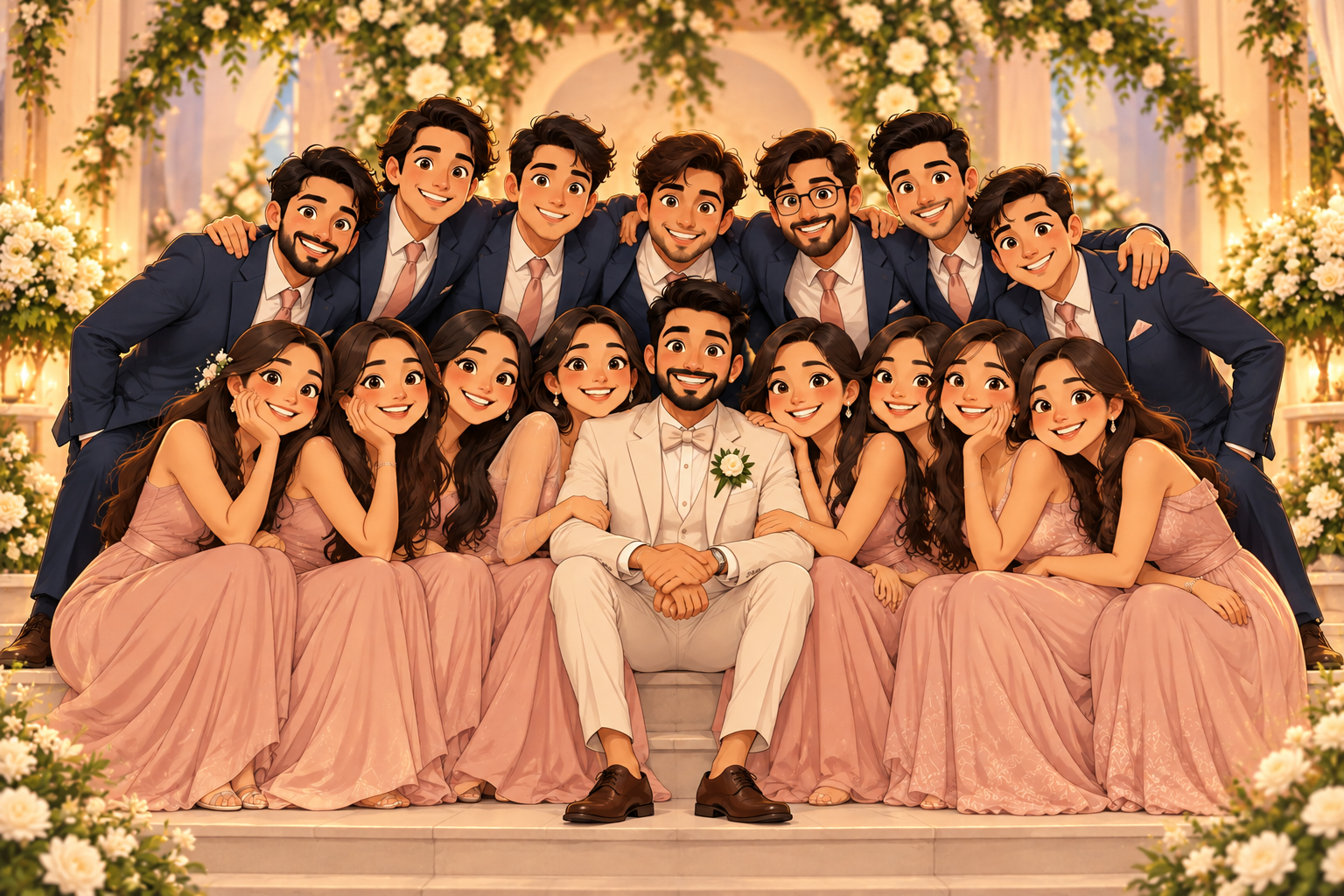 Cartoon illustration of Sagar with seven male cousins and seven female cousins celebrating together